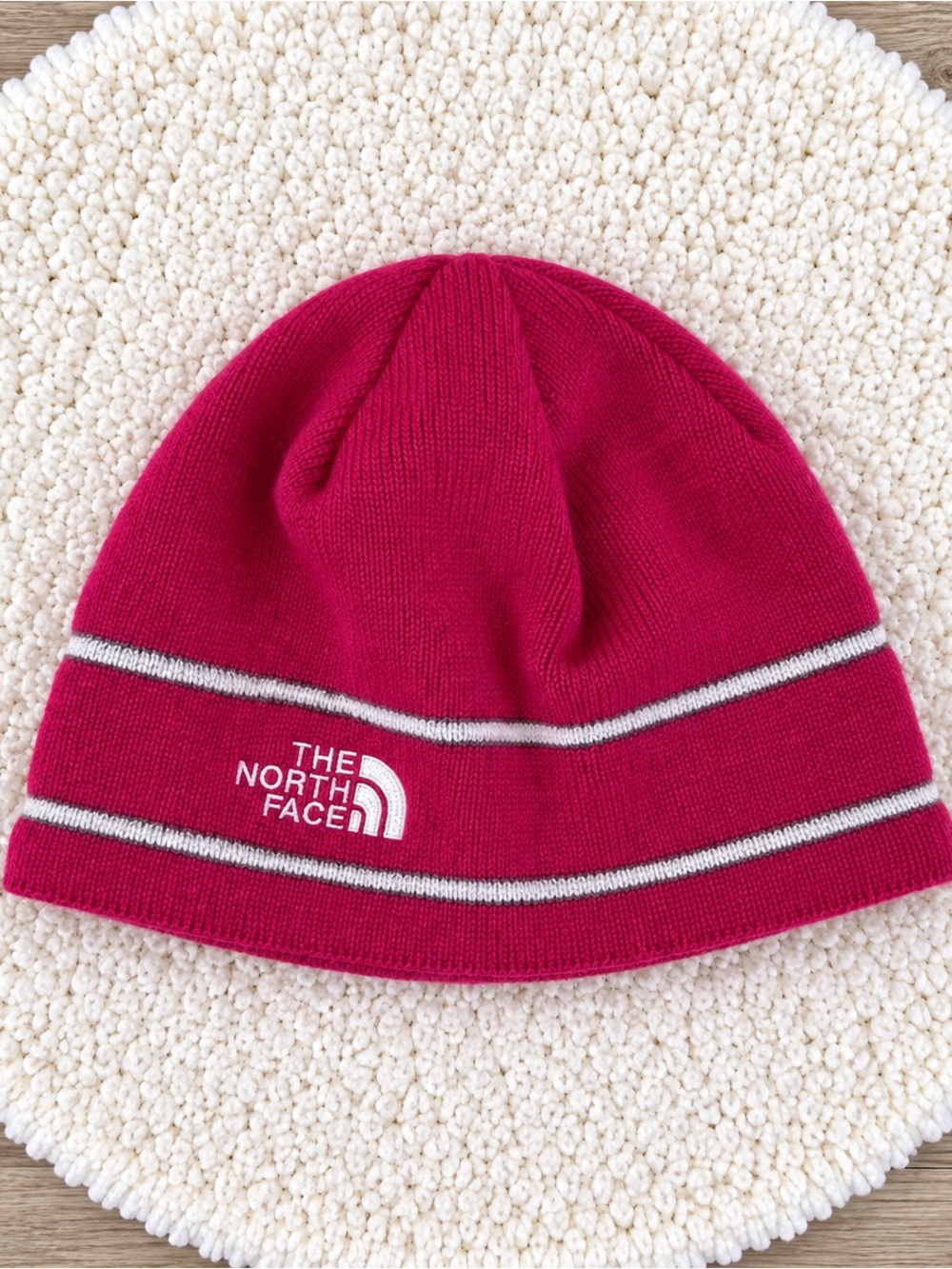 The North Face Youth Junior S/P Pink Striped Fleece Lined Knit Beanie Hat